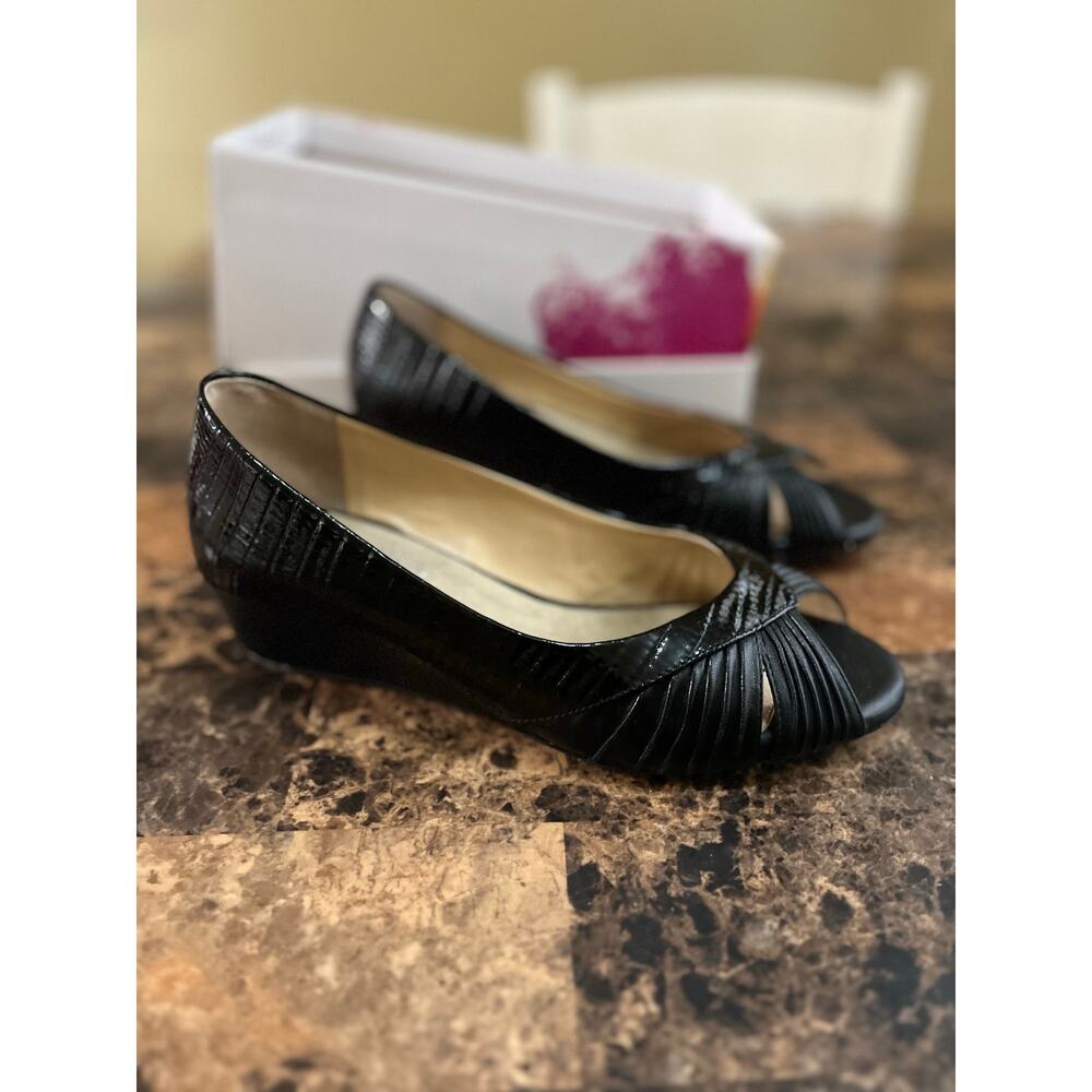 Michelle D black peep-toe wedge shoes